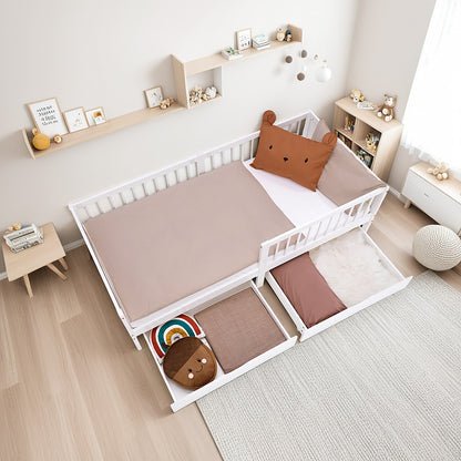 Kinderbett 90x200 cm Weiss Natur | Holzbett mit 2 Bettkästen | Einzelbett | mit Lattenrost | Rausfallschutz