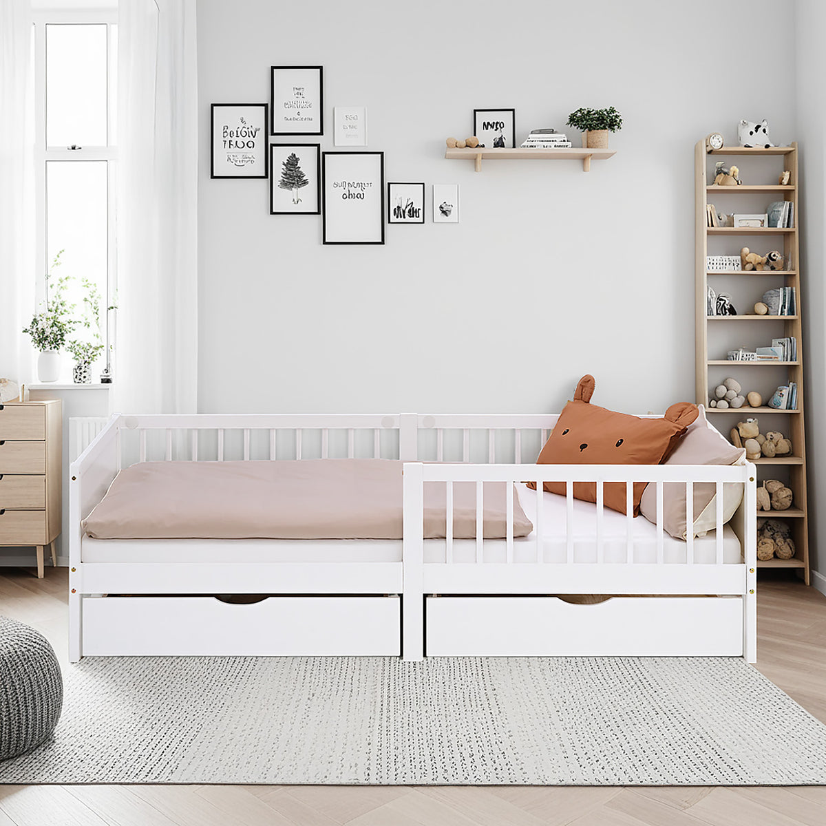 Kinderbett 90x200 cm Weiss Natur | Holzbett mit 2 Bettkästen | Einzelbett | mit Lattenrost | Rausfallschutz