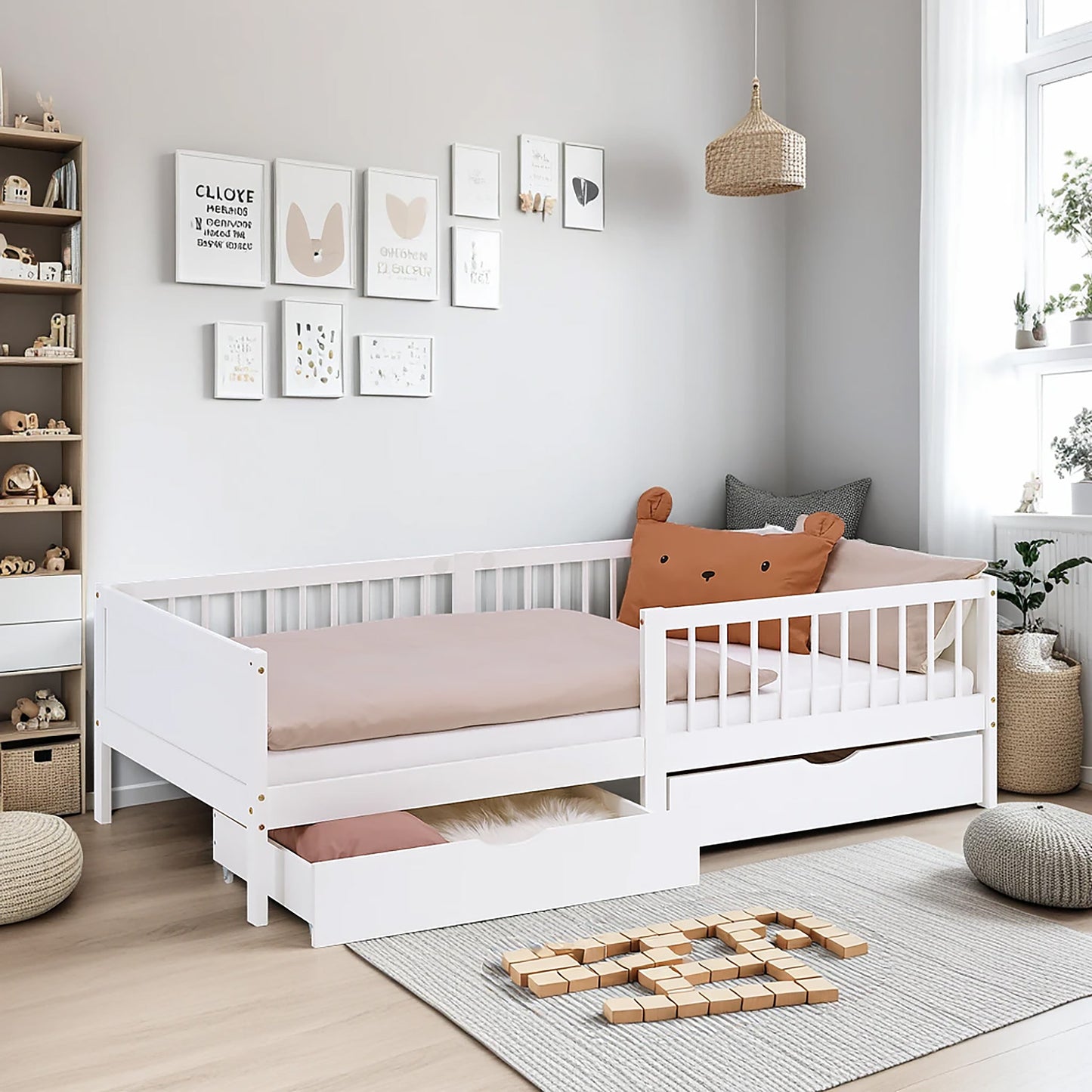 Kinderbett 90x200 cm Weiss Natur | Holzbett mit 2 Bettkästen | Einzelbett | mit Lattenrost | Rausfallschutz