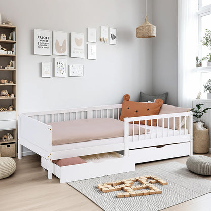 Kinderbett 90x200 cm Weiss Natur | Holzbett mit 2 Bettkästen | Einzelbett | mit Lattenrost | Rausfallschutz