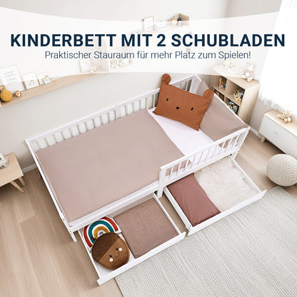 Kinderbett 90x200 cm Weiss Natur | Holzbett mit 2 Bettkästen | Einzelbett | mit Lattenrost | Rausfallschutz