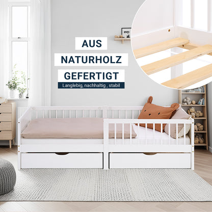 Kinderbett 90x200 cm Weiss Natur | Holzbett mit 2 Bettkästen | Einzelbett | mit Lattenrost | Rausfallschutz