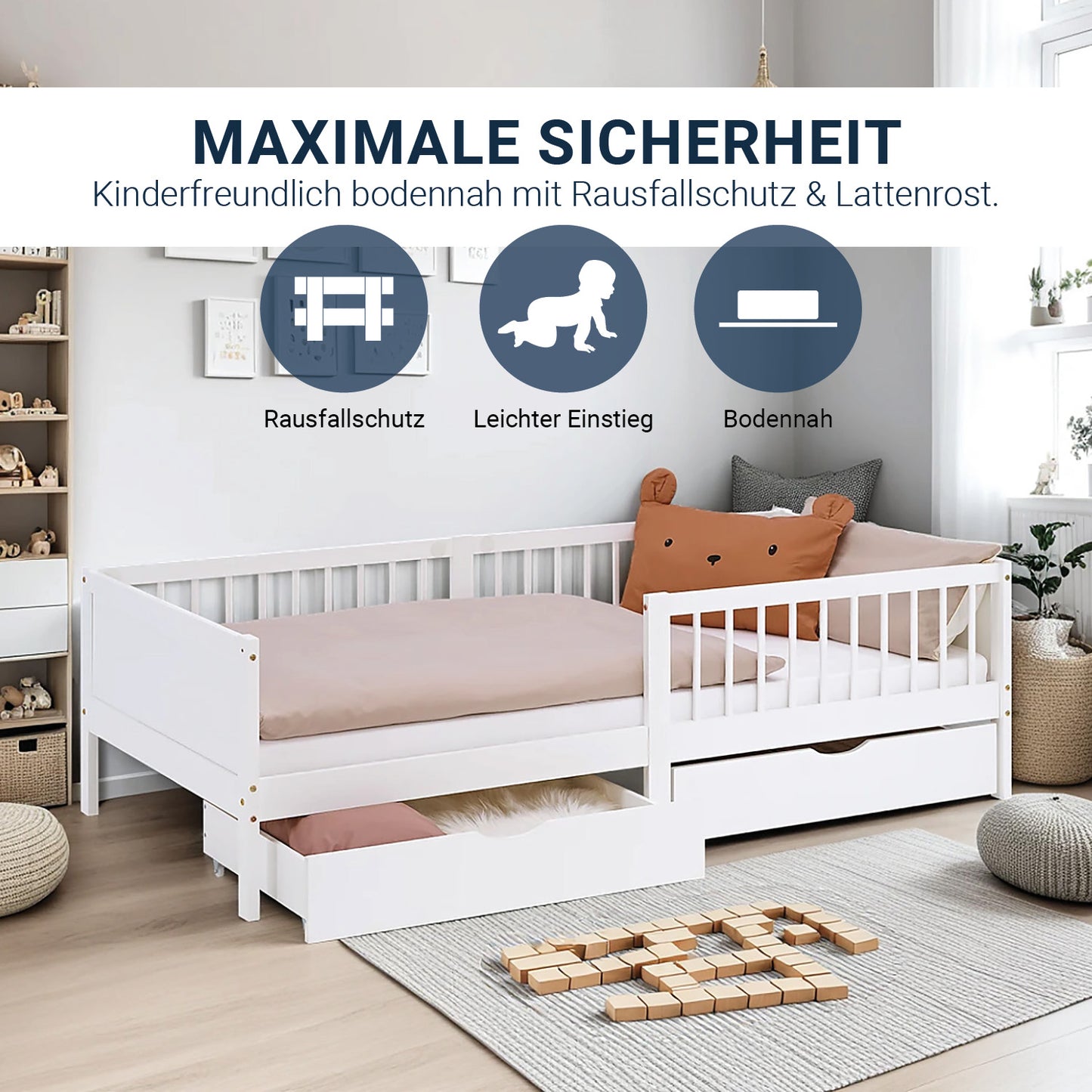 Kinderbett 90x200 cm Weiss Natur | Holzbett mit 2 Bettkästen | Einzelbett | mit Lattenrost | Rausfallschutz