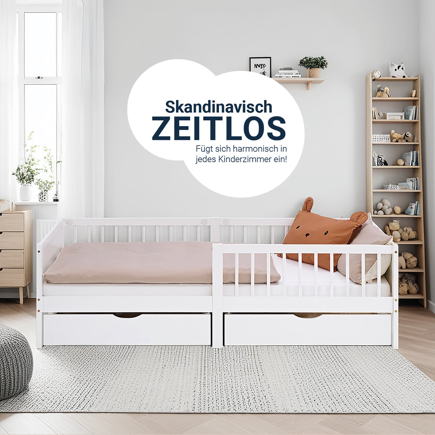 Kinderbett 90x200 cm Weiss Natur | Holzbett mit 2 Bettkästen | Einzelbett | mit Lattenrost | Rausfallschutz