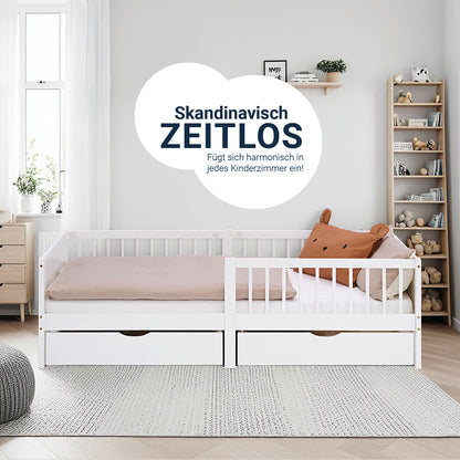 Kinderbett 90x200 cm Weiss Natur | Holzbett mit 2 Bettkästen | Einzelbett | mit Lattenrost | Rausfallschutz