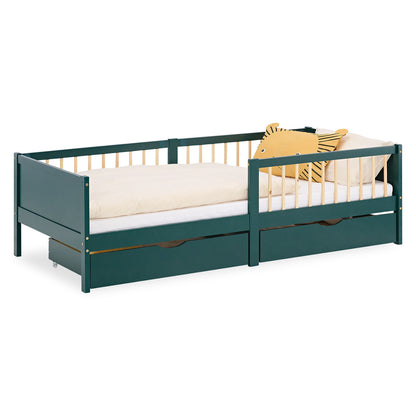 Kinderbett 90x200 cm Grün | Holzbett mit 2 Bettkästen | Einzelbett | mit Lattenrost | Rausfallschutz