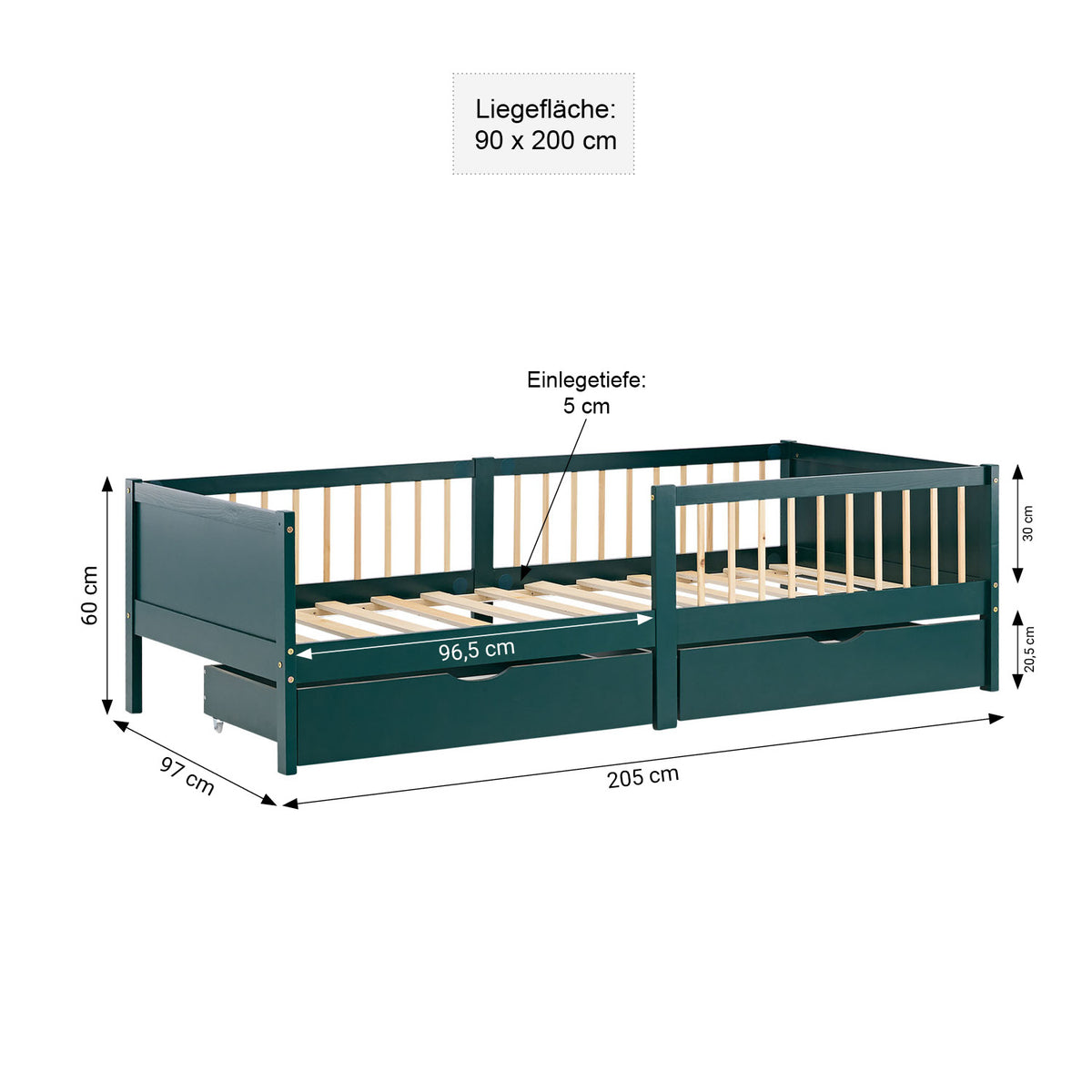 Kinderbett 90x200 cm Grün | Holzbett mit 2 Bettkästen | Einzelbett | mit Lattenrost | Rausfallschutz