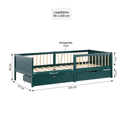 Kinderbett 90x200 cm Grün | Holzbett mit 2 Bettkästen | Einzelbett | mit Lattenrost | Rausfallschutz