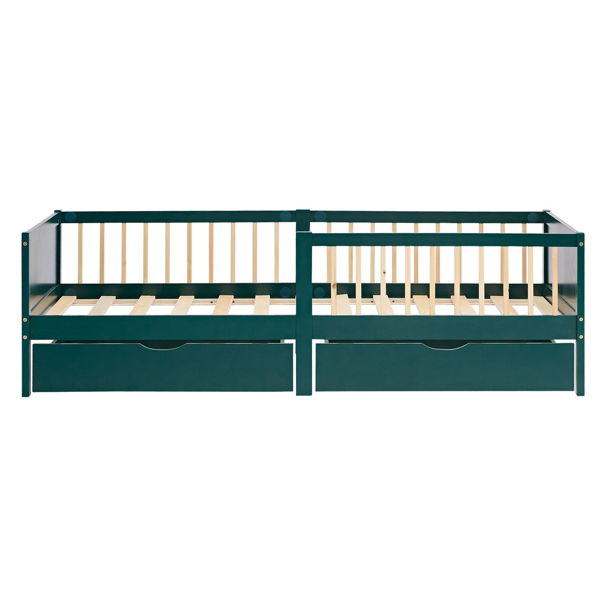 Kinderbett 90x200 cm Grün | Holzbett mit 2 Bettkästen | Einzelbett | mit Lattenrost | Rausfallschutz