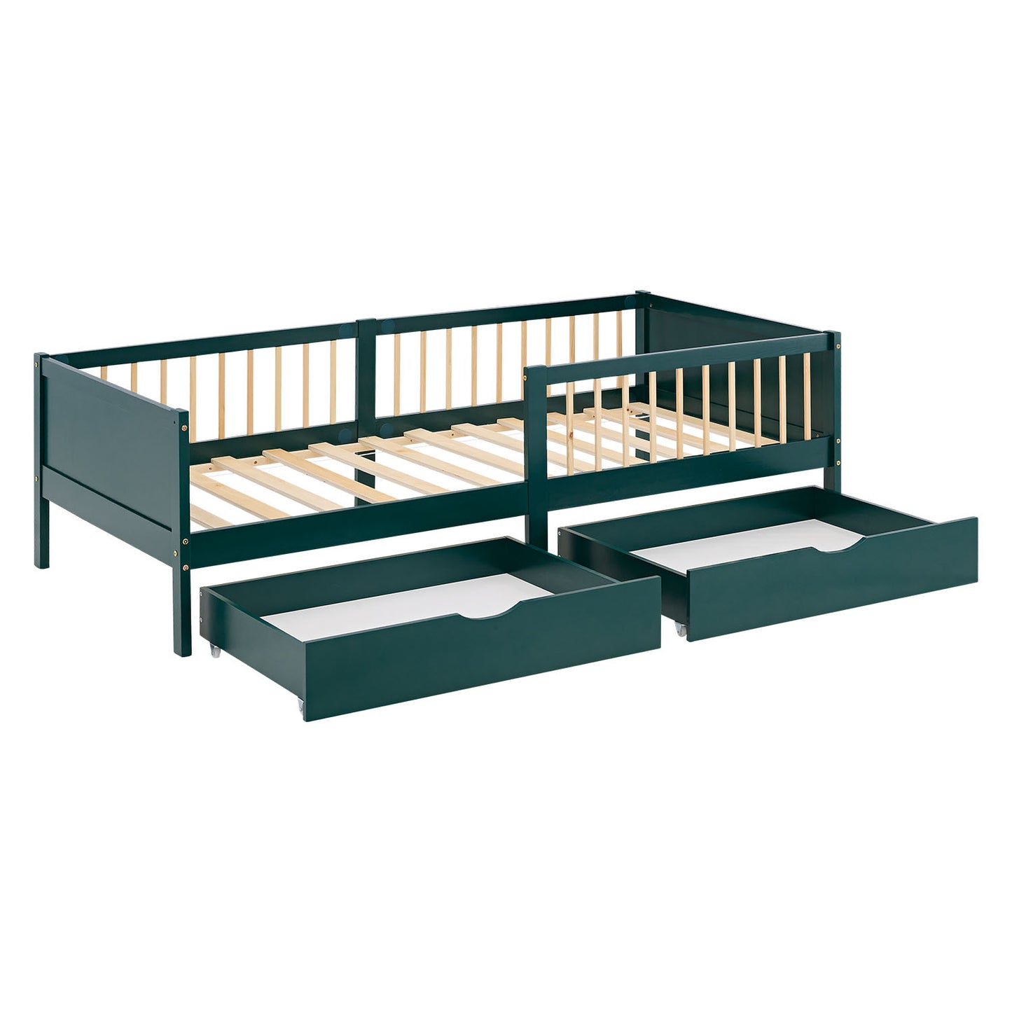 Kinderbett 90x200 cm Grün | Holzbett mit 2 Bettkästen | Einzelbett | mit Lattenrost | Rausfallschutz