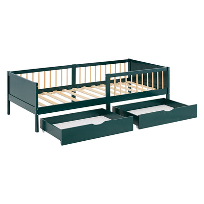Kinderbett 90x200 cm Grün | Holzbett mit 2 Bettkästen | Einzelbett | mit Lattenrost | Rausfallschutz