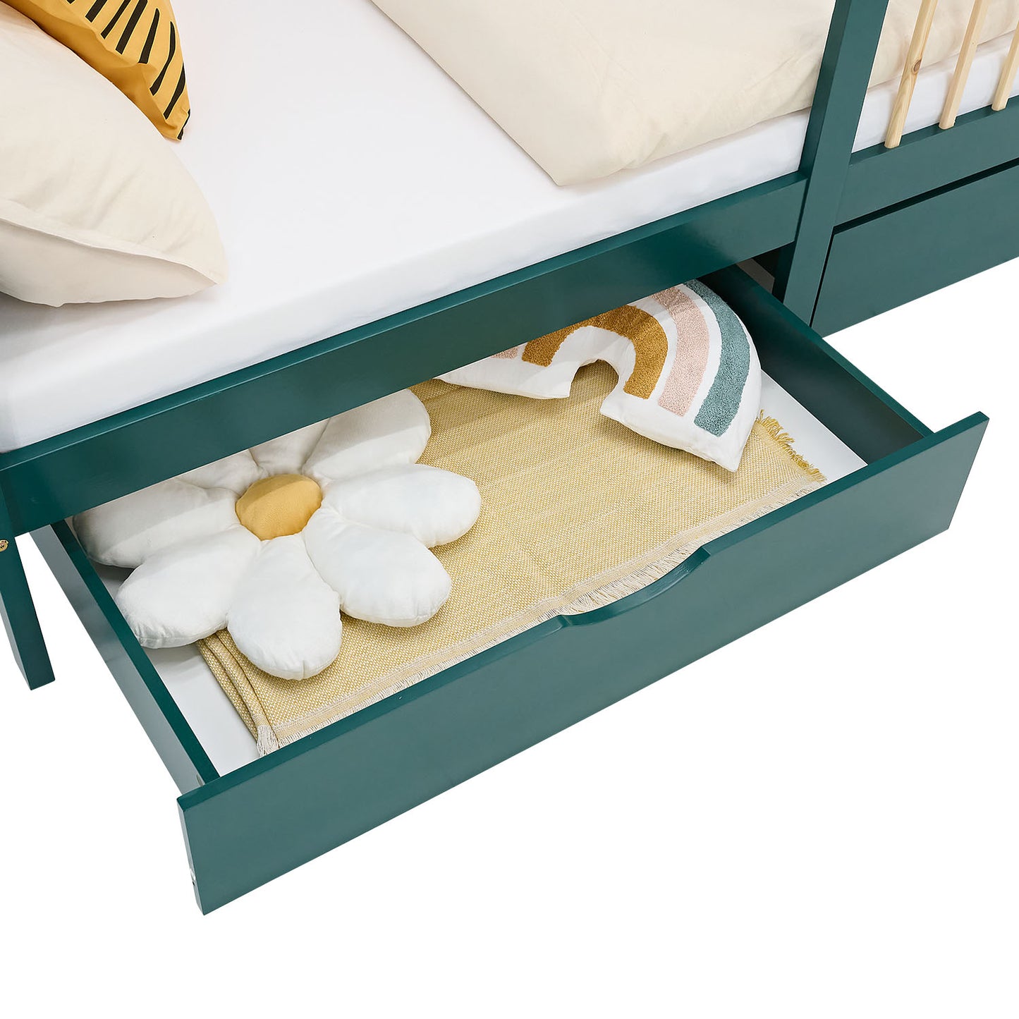 Kinderbett 90x200 cm Grün | Holzbett mit 2 Bettkästen | Einzelbett | mit Lattenrost | Rausfallschutz