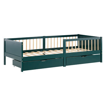 Kinderbett 90x200 cm Grün | Holzbett mit 2 Bettkästen | Einzelbett | mit Lattenrost | Rausfallschutz