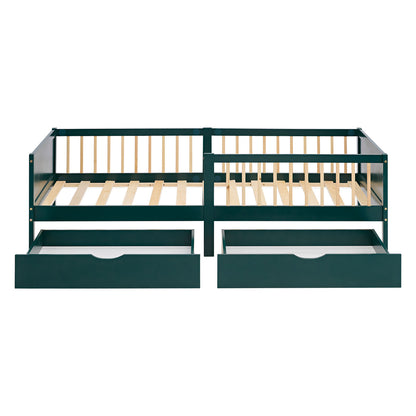 Kinderbett 90x200 cm Grün | Holzbett mit 2 Bettkästen | Einzelbett | mit Lattenrost | Rausfallschutz