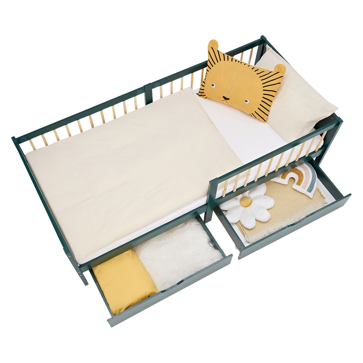 Kinderbett 90x200 cm Grün | Holzbett mit 2 Bettkästen | Einzelbett | mit Lattenrost | Rausfallschutz