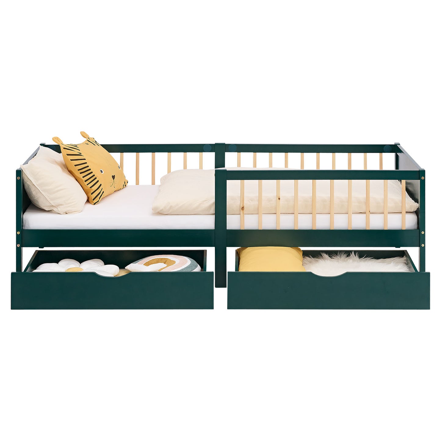 Kinderbett 90x200 cm Grün | Holzbett mit 2 Bettkästen | Einzelbett | mit Lattenrost | Rausfallschutz