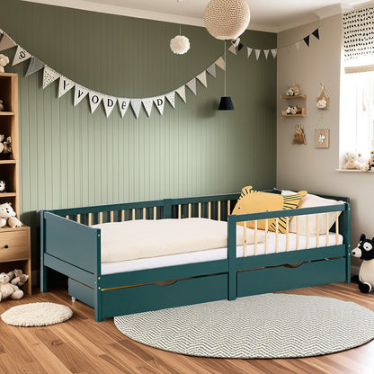 Kinderbett 90x200 cm Grün | Holzbett mit 2 Bettkästen | Einzelbett | mit Lattenrost | Rausfallschutz