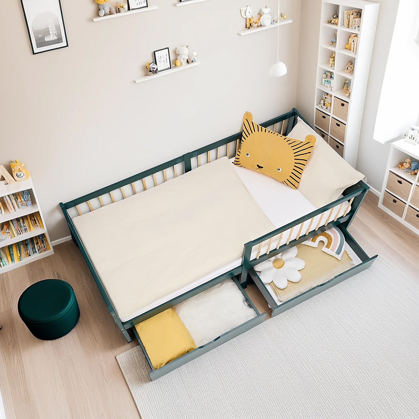 Kinderbett 90x200 cm Grün | Holzbett mit 2 Bettkästen | Einzelbett | mit Lattenrost | Rausfallschutz