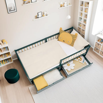 Kinderbett 90x200 cm Grün | Holzbett mit 2 Bettkästen | Einzelbett | mit Lattenrost | Rausfallschutz