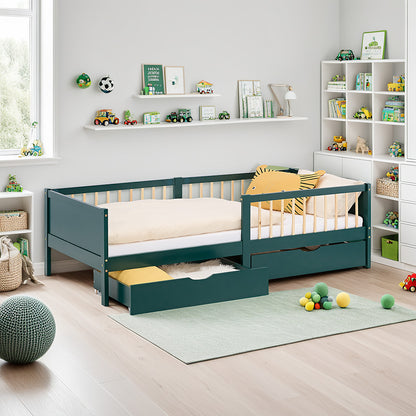 Kinderbett 90x200 cm Grün | Holzbett mit 2 Bettkästen | Einzelbett | mit Lattenrost | Rausfallschutz