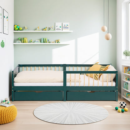 Kinderbett 90x200 cm Grün | Holzbett mit 2 Bettkästen | Einzelbett | mit Lattenrost | Rausfallschutz