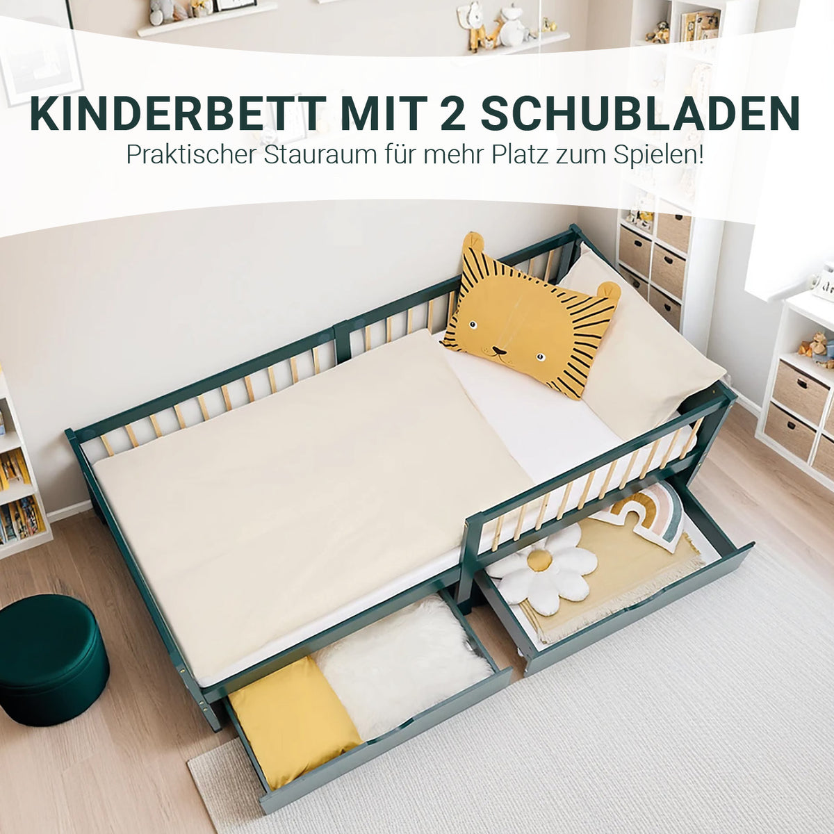 Kinderbett 90x200 cm Grün | Holzbett mit 2 Bettkästen | Einzelbett | mit Lattenrost | Rausfallschutz