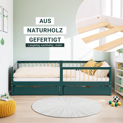 Kinderbett 90x200 cm Grün | Holzbett mit 2 Bettkästen | Einzelbett | mit Lattenrost | Rausfallschutz