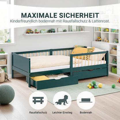 Kinderbett 90x200 cm Grün | Holzbett mit 2 Bettkästen | Einzelbett | mit Lattenrost | Rausfallschutz