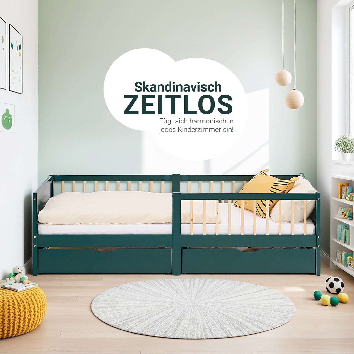 Kinderbett 90x200 cm Grün | Holzbett mit 2 Bettkästen | Einzelbett | mit Lattenrost | Rausfallschutz