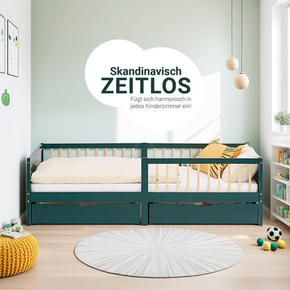 Kinderbett 90x200 cm Grün | Holzbett mit 2 Bettkästen | Einzelbett | mit Lattenrost | Rausfallschutz