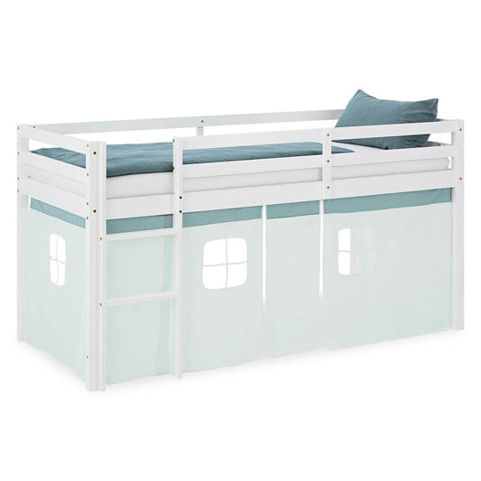 Hochbett Kinderbett 90x200 cm Vorhang Grün Mintgrün Leiter Holz Massiv Weiss - Palo24