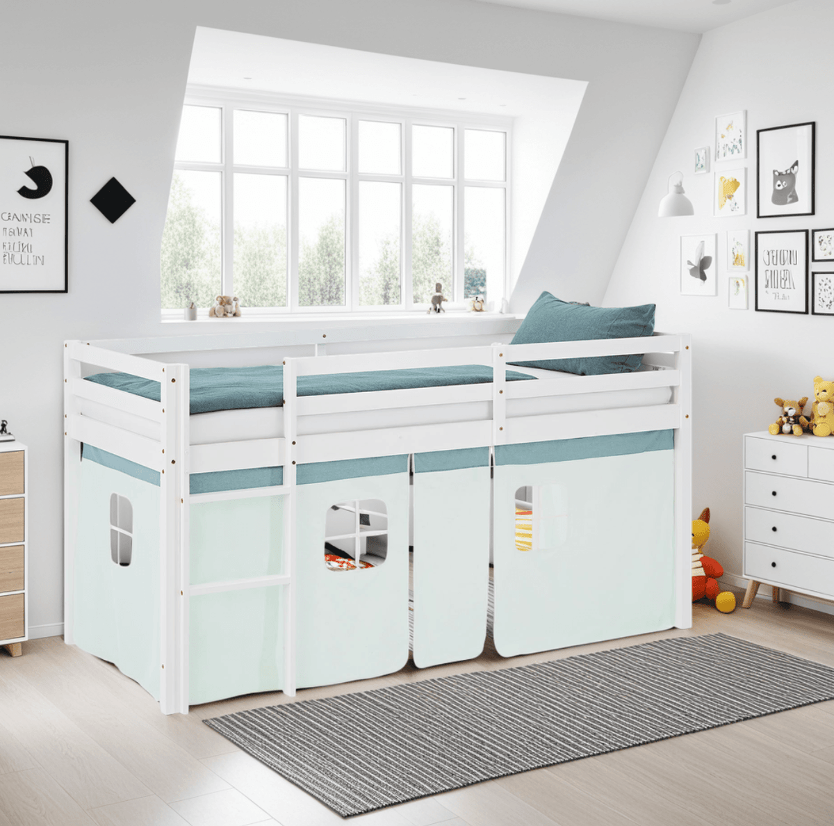 Hochbett 90x200 cm mit Lattenrost Kinderbett Vorhang Grün Mintgrün Weiss - Palo24