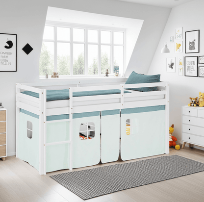 Hochbett 90x200 cm mit Lattenrost Kinderbett Vorhang Grün Mintgrün Weiss - Palo24