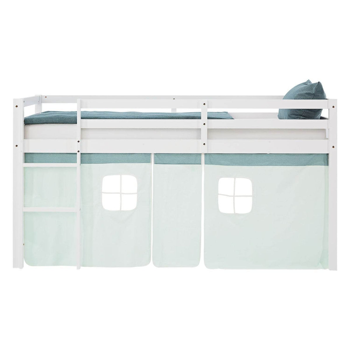 Hochbett 90x200 cm mit Lattenrost Kinderbett Vorhang Grün Mintgrün Weiss - Palo24