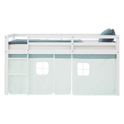Hochbett 90x200 cm mit Lattenrost Kinderbett Vorhang Grün Mintgrün Weiss - Palo24