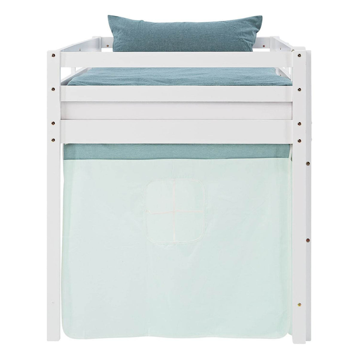 Hochbett 90x200 cm mit Lattenrost Kinderbett Vorhang Grün Mintgrün Weiss - Palo24