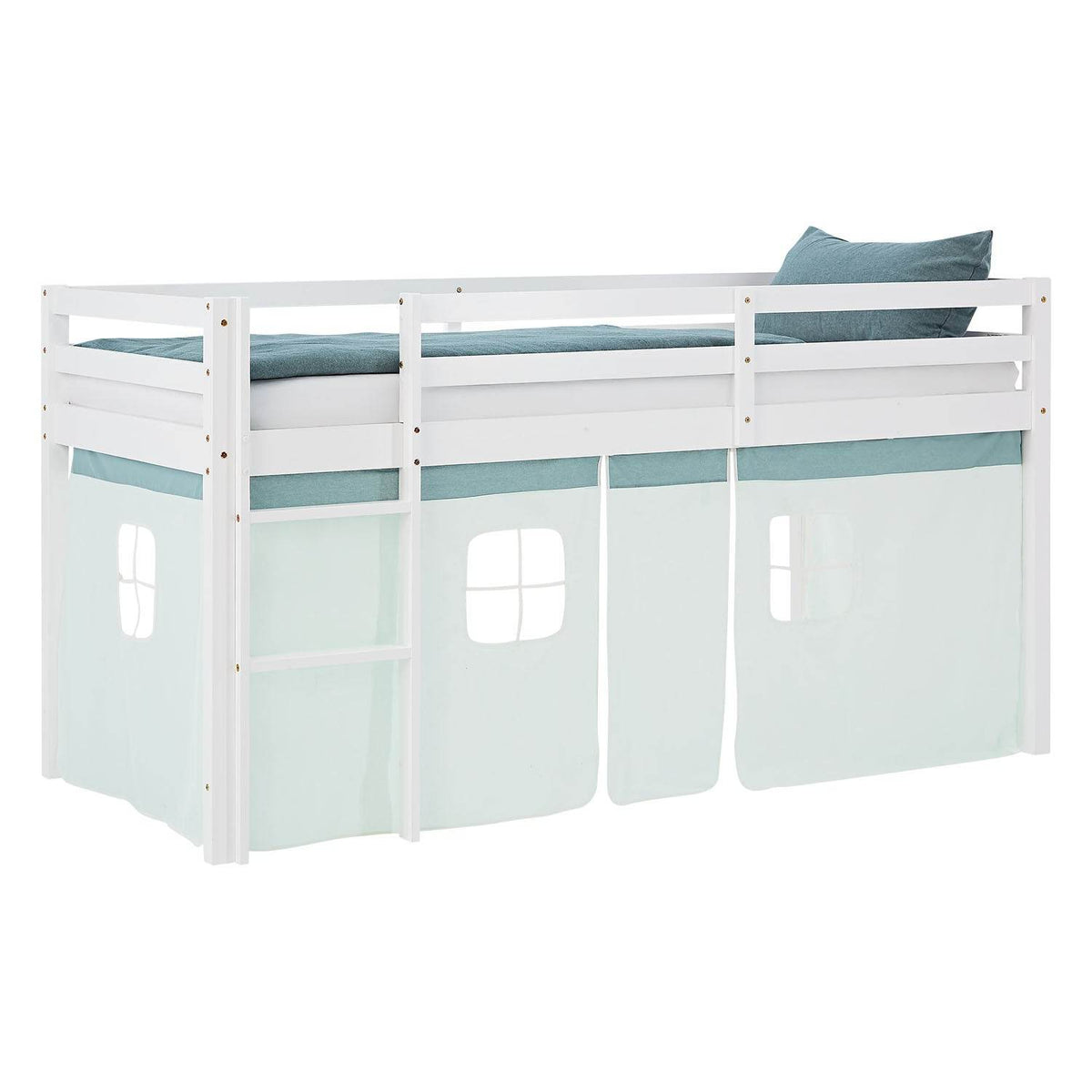 Hochbett 90x200 cm mit Lattenrost Kinderbett Vorhang Grün Mintgrün Weiss - Palo24