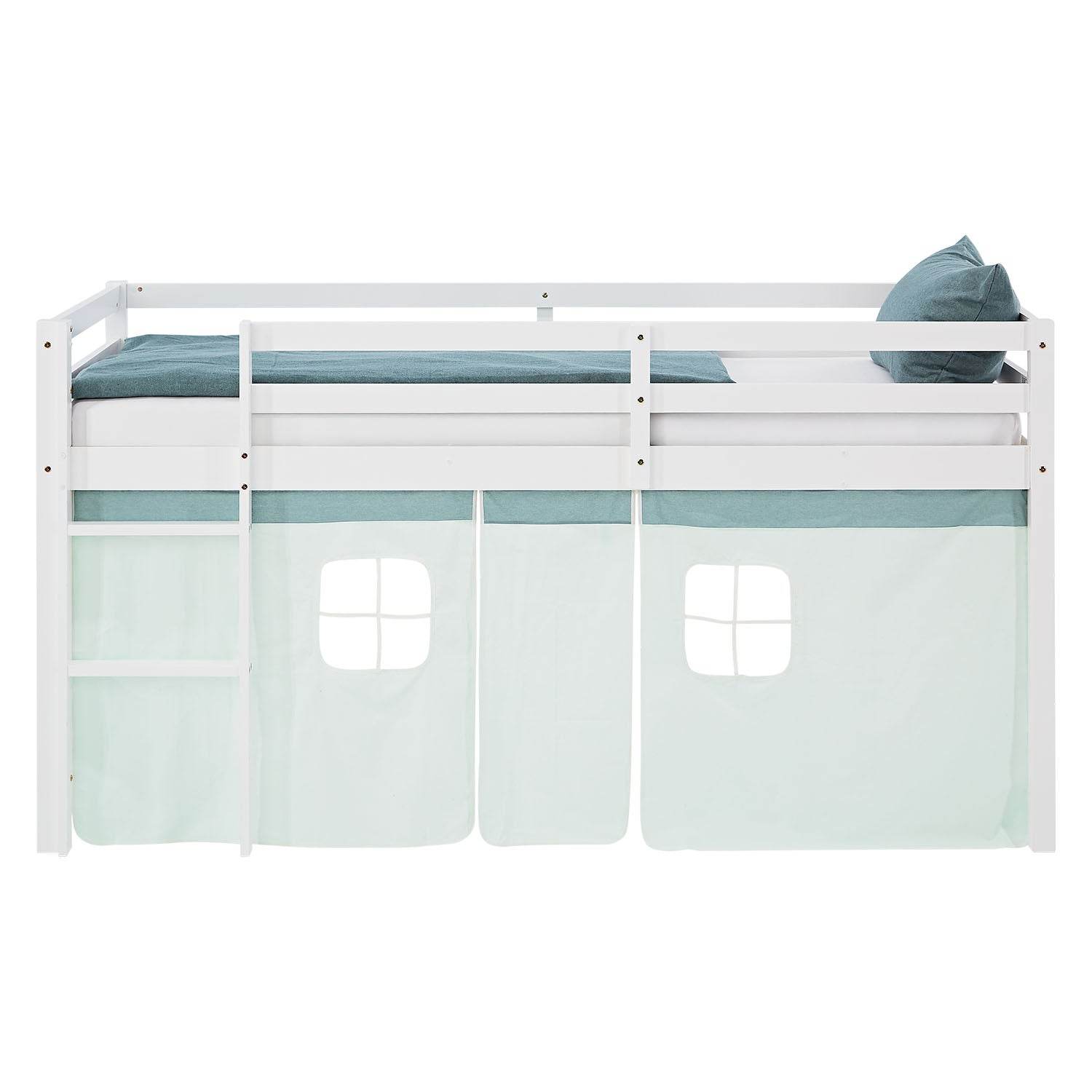 Hochbett 90x200 cm mit Lattenrost Kinderbett Vorhang Grün Mintgrün Weiss - Palo24