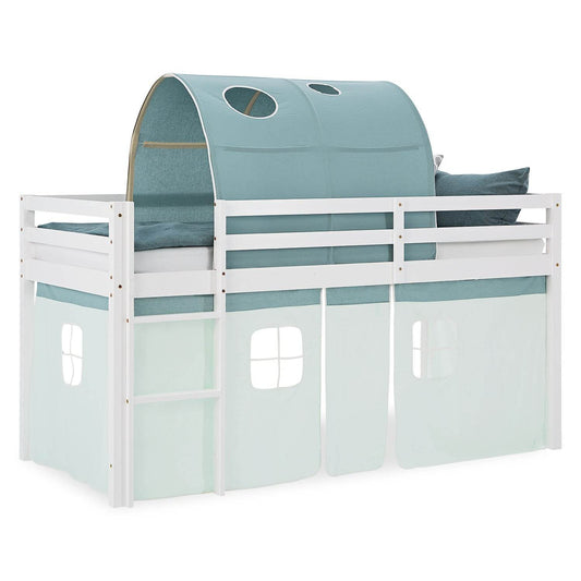 Hochbett Kinderbett 90x200 cm Stockbett Tunnel Vorhang Grün Mintgrün Leiter Weiss - Palo24