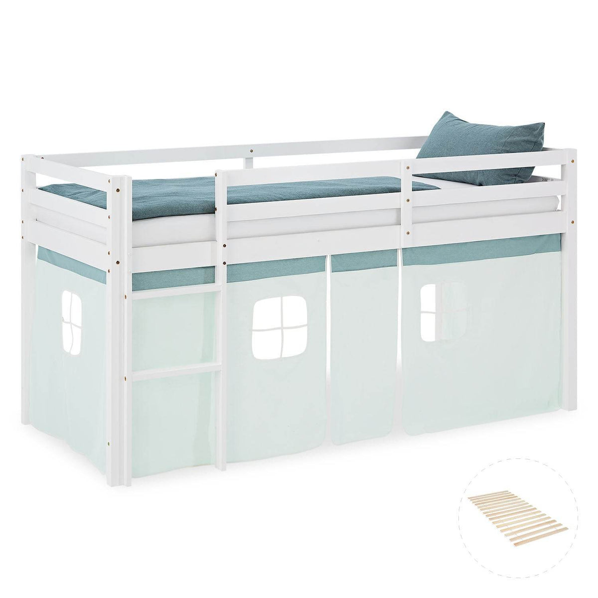 Hochbett 90x200 cm mit Lattenrost Kinderbett Vorhang Grün Mintgrün Weiss - Palo24