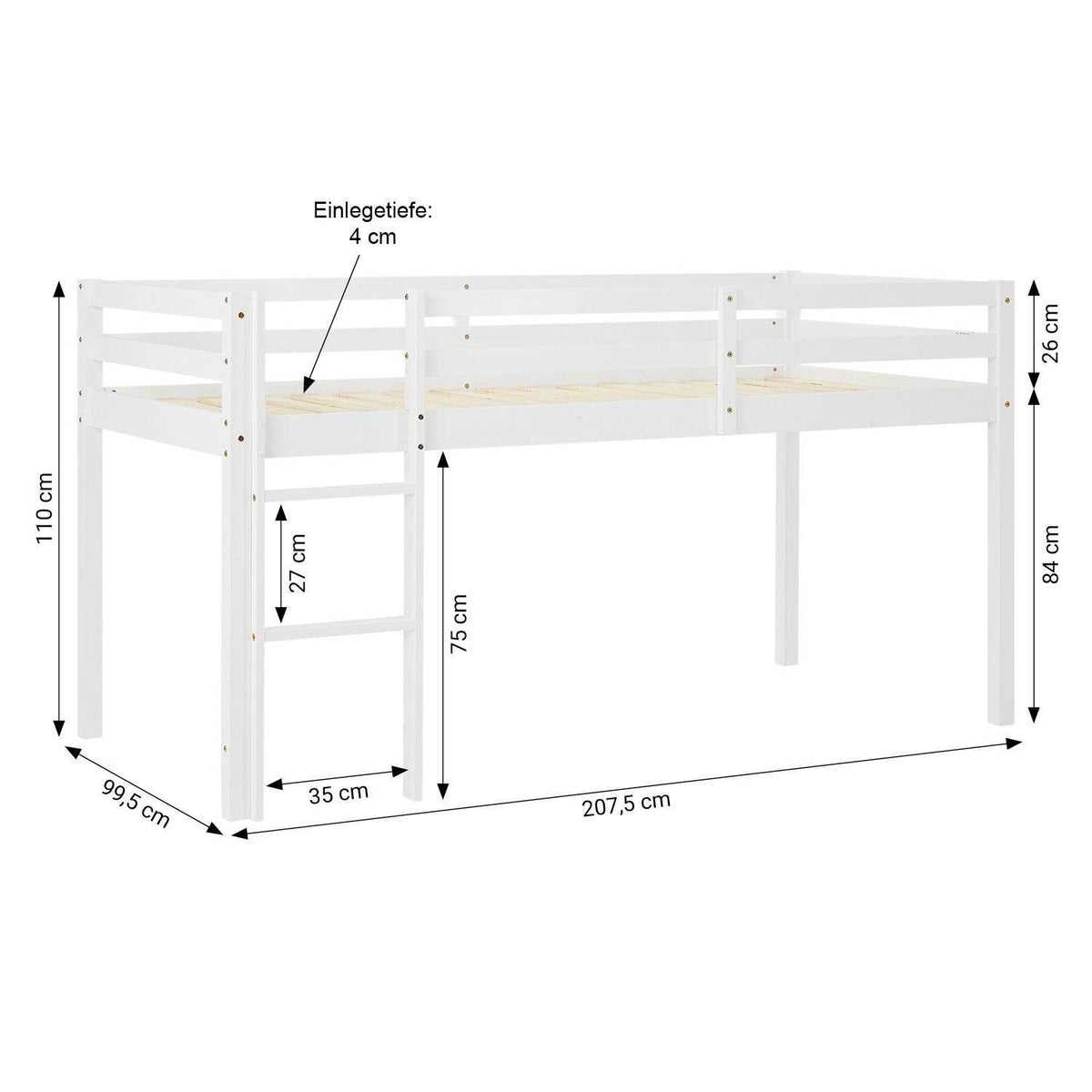 Hochbett Kinder 90x200 cm Weiß mit Vorhang in Lila Beige | Tunnel | mit Lattenrost und Matratze - Palo24