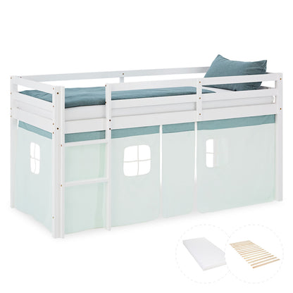 Hochbett Kinder 90x200 cm Weiss mit Vorhang in Mintgrün | mit Lattenrost und Matratze