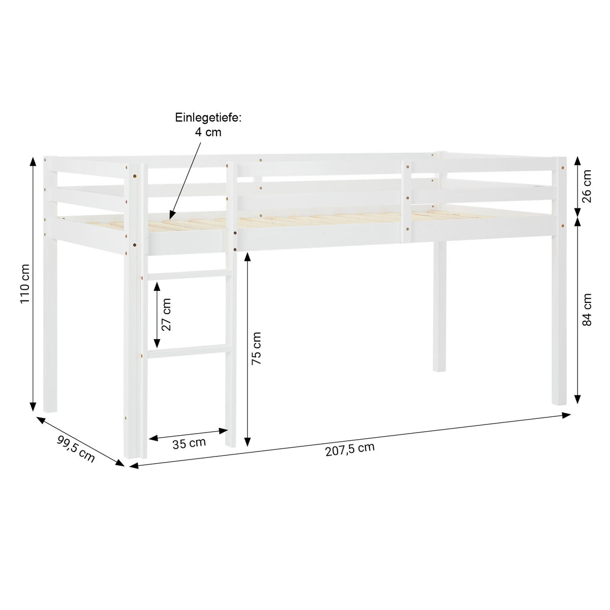 Hochbett Kinder 90x200 cm Weiss mit Vorhang in Mintgrün | mit Lattenrost und Matratze