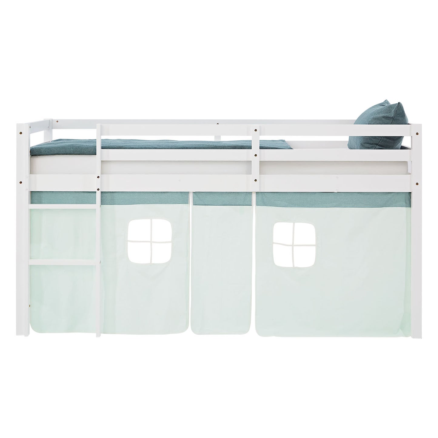 Hochbett Kinder 90x200 cm Weiss mit Vorhang in Mintgrün | mit Lattenrost und Matratze