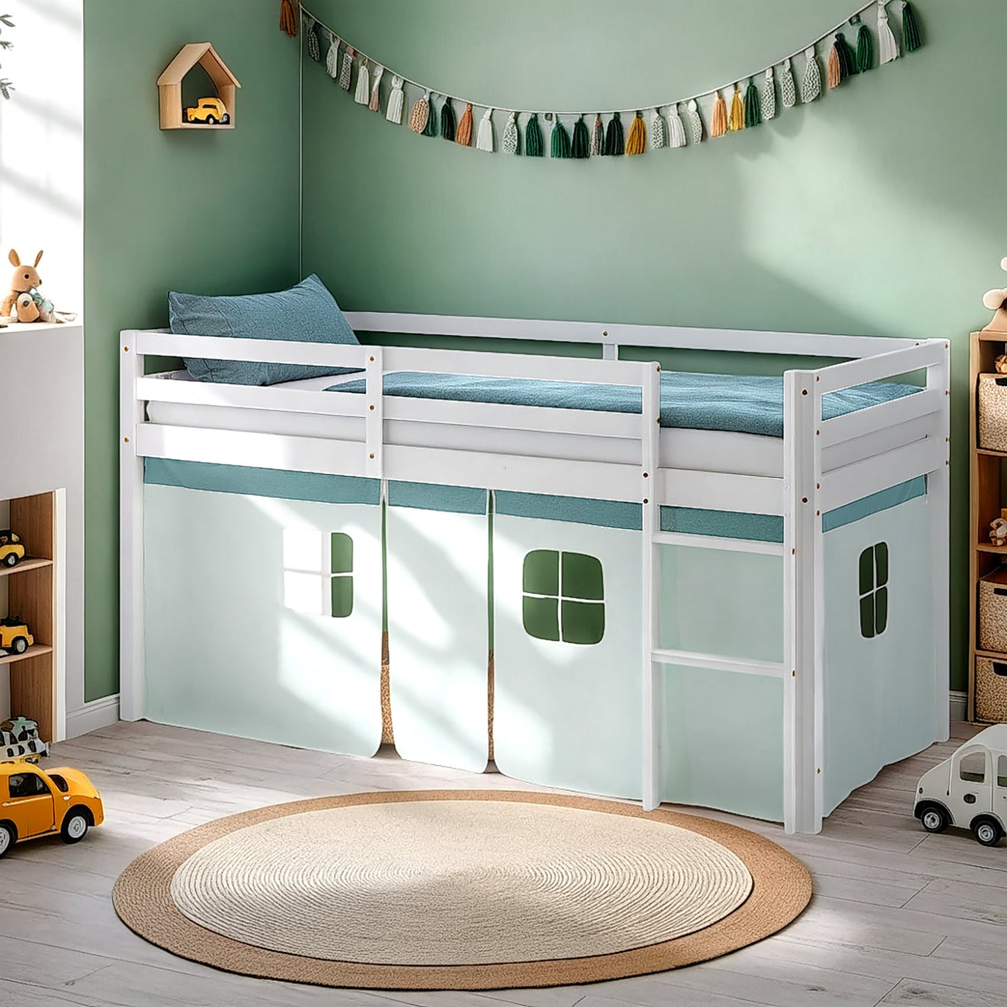 Hochbett Kinder 90x200 cm Weiss mit Vorhang in Mintgrün | mit Lattenrost und Matratze