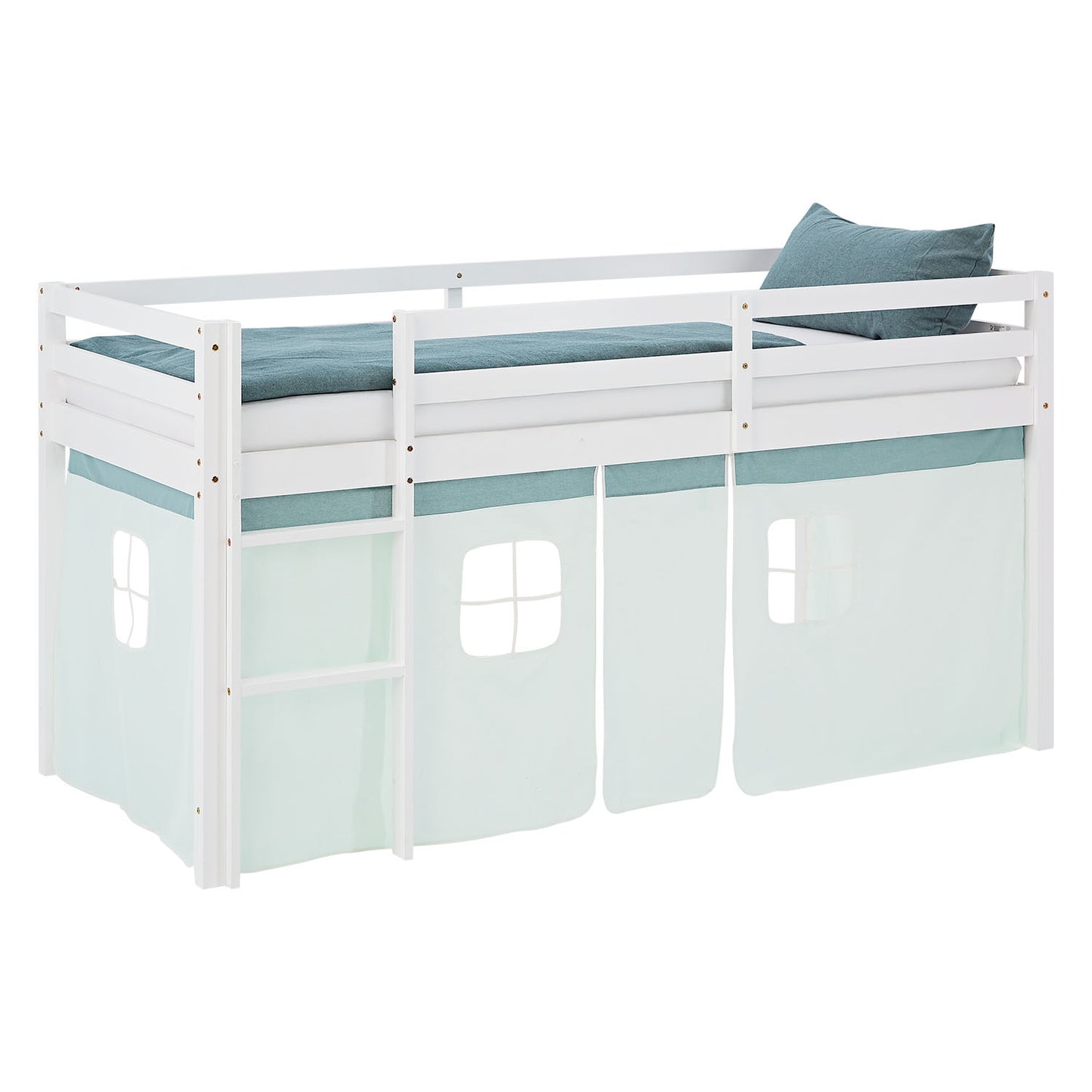 Hochbett Kinder 90x200 cm Weiss mit Vorhang in Mintgrün | mit Lattenrost und Matratze