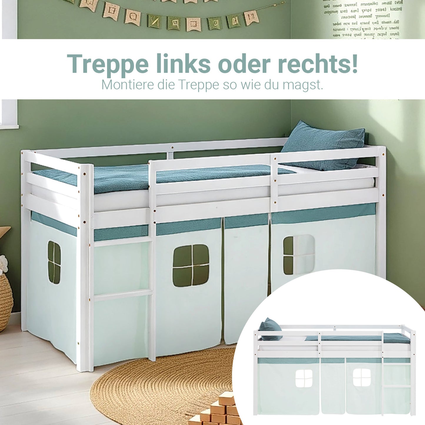Hochbett Kinder 90x200 cm Weiss mit Vorhang in Mintgrün | mit Lattenrost und Matratze