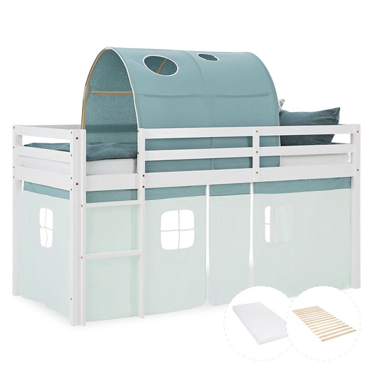 Hochbett Kinder 90x200 cm Weiss mit Vorhang in Mintgrün | Tunnel | mit Lattenrost und Matratze