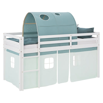 Hochbett Kinder 90x200 cm Weiss mit Vorhang in Mintgrün | Tunnel | mit Lattenrost und Matratze