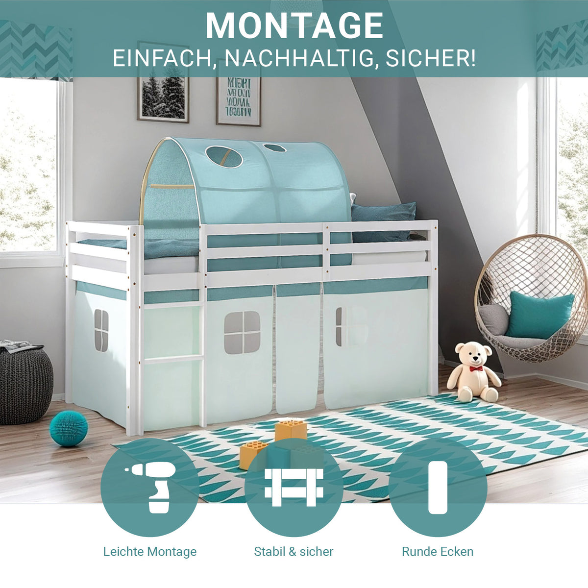 Hochbett Kinder 90x200 cm Weiss mit Vorhang in Mintgrün | Tunnel | mit Lattenrost und Matratze